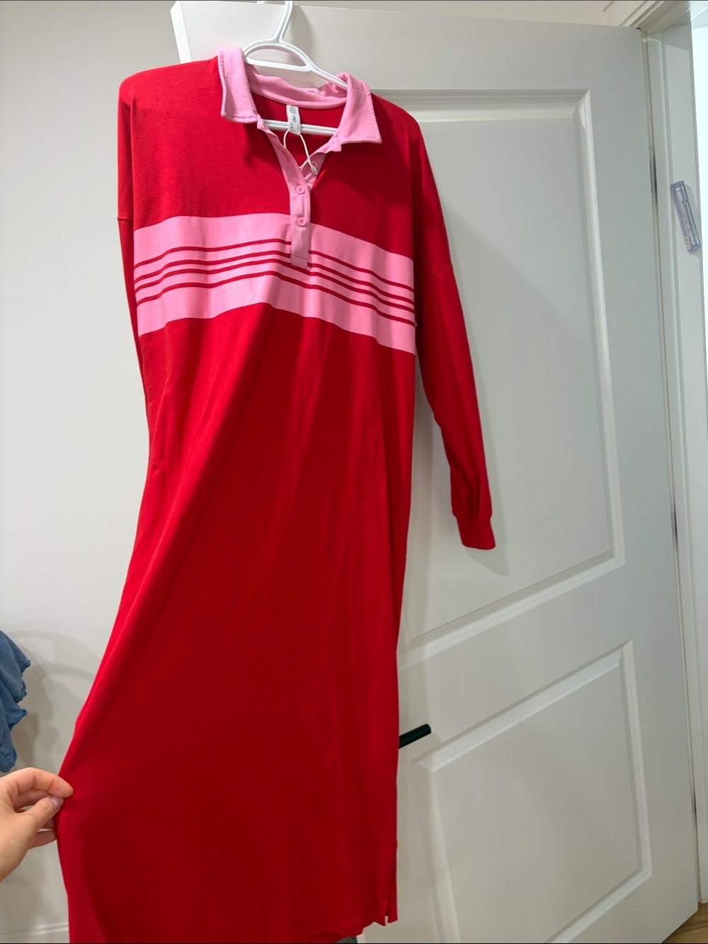 NWOT Only Red Long-Sleeve midi Polo Dress with Pink Stripe